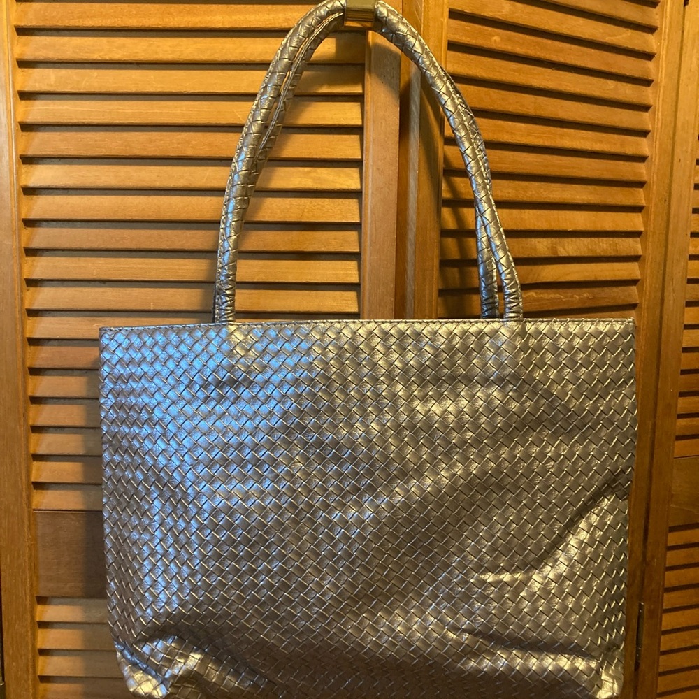 Belk Pewter Faux Leather Weaved Tote Bag